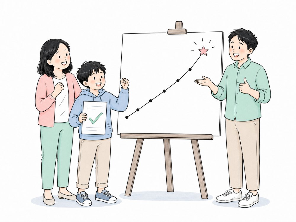 家長、學生與導師看著上升的成績圖表